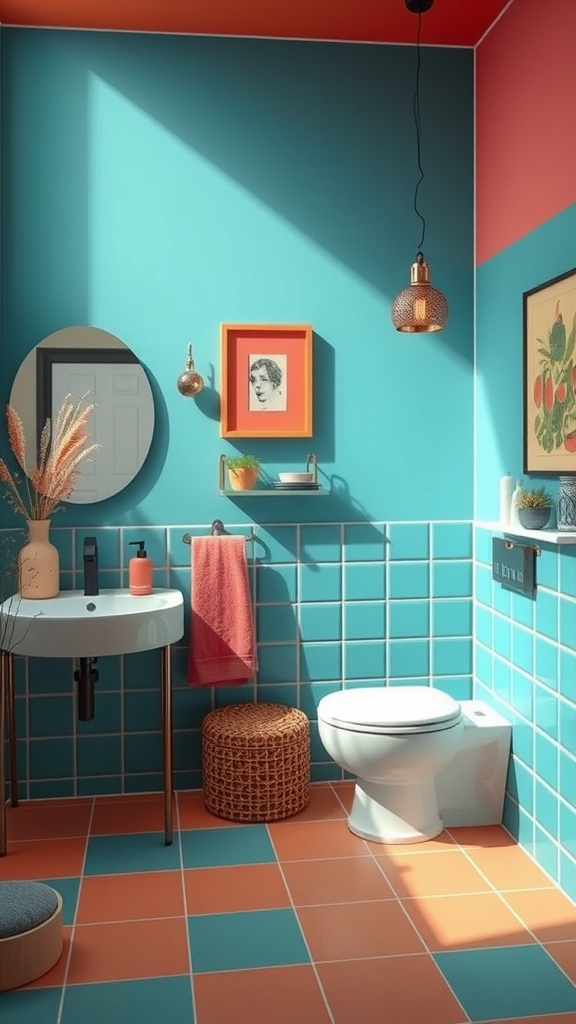 A vibrant bathroom featuring teal walls, a coral ceiling, and colorful accents.