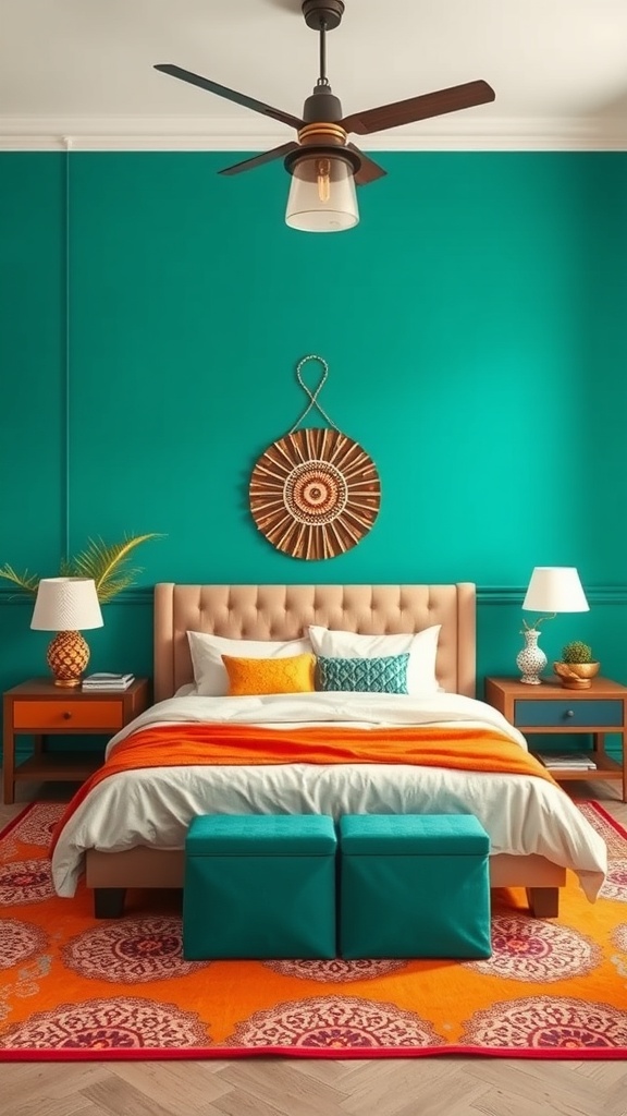A modern Indian bedroom featuring a turquoise wall, orange bedding, and teal ottomans.