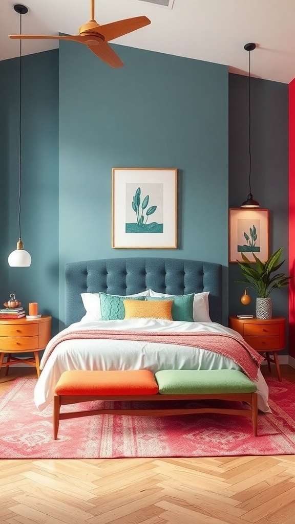 A mid-century modern bedroom featuring bold color palettes with a teal wall, red accent wall, and colorful furnishings.