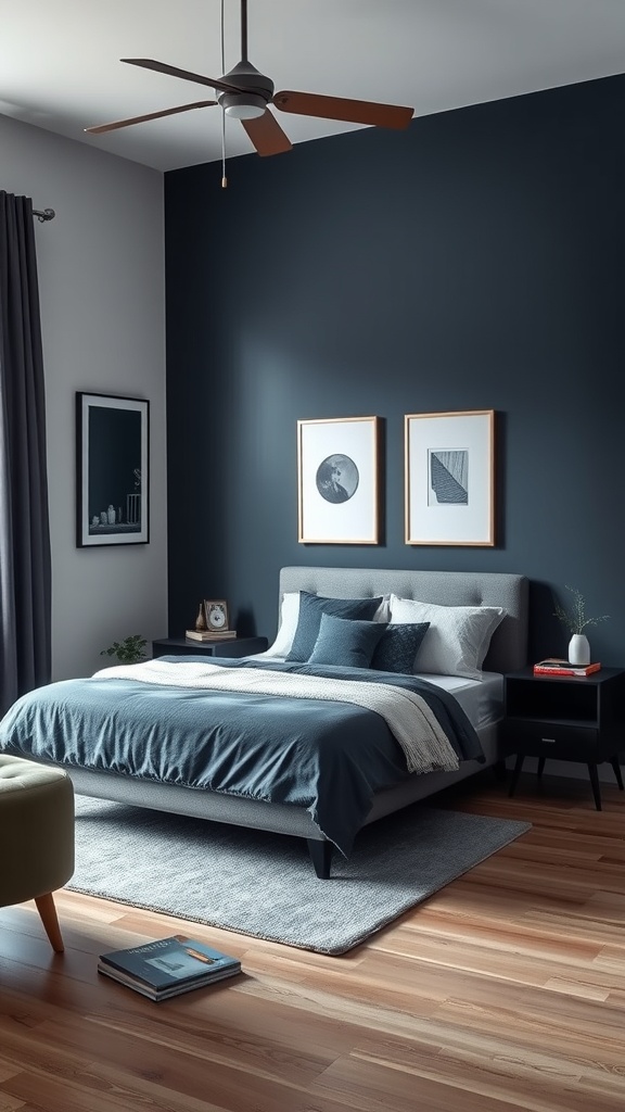 A small masculine bedroom featuring a dark blue accent wall, gray bedding, and wooden flooring.