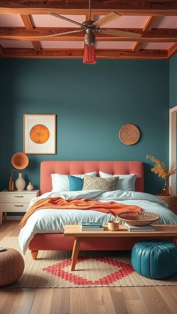 A bohemian bedroom featuring teal walls, a coral bed frame, and vibrant accessories.