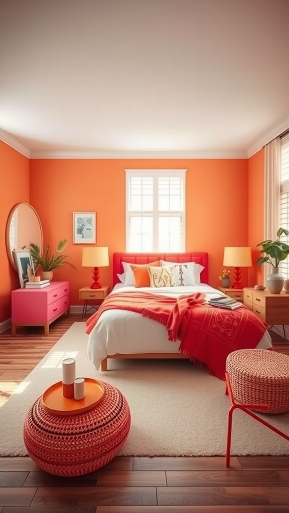 A cozy maximalist bedroom featuring vibrant orange walls, a white bed with colorful accents, and playful pink furniture.