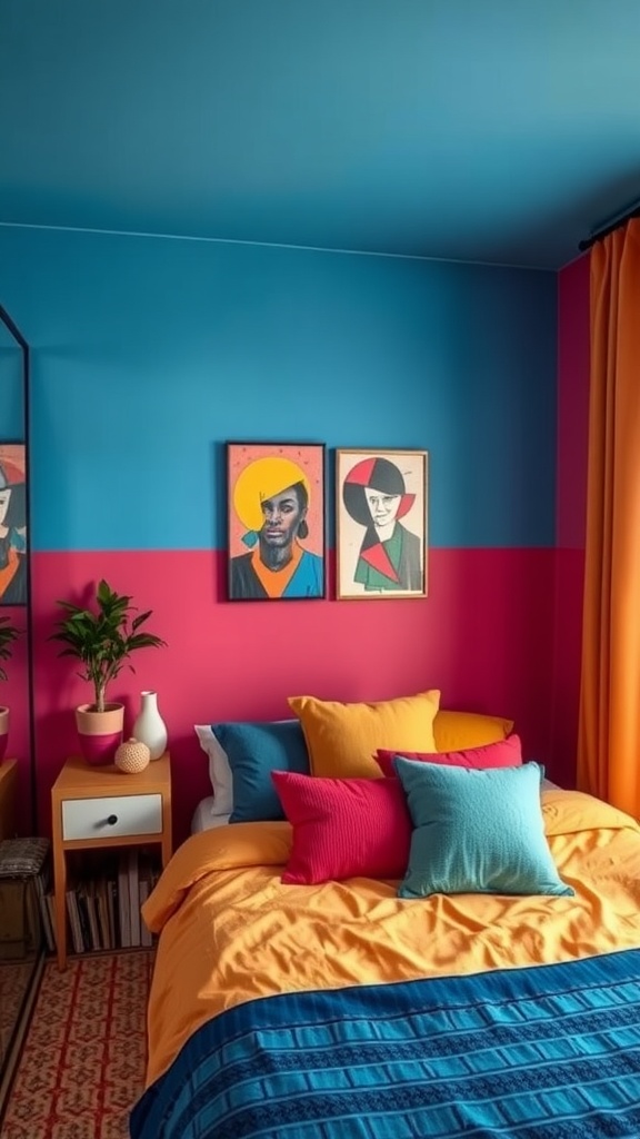 A colorful teenage boy's bedroom with bold blue and pink walls, layered bedding in yellow and blue tones, and vibrant artwork.