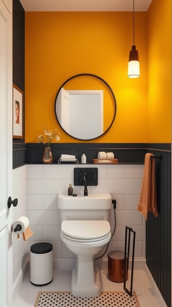 A powder bathroom featuring a bold yellow wall, dark navy paneling, and stylish accessories.
