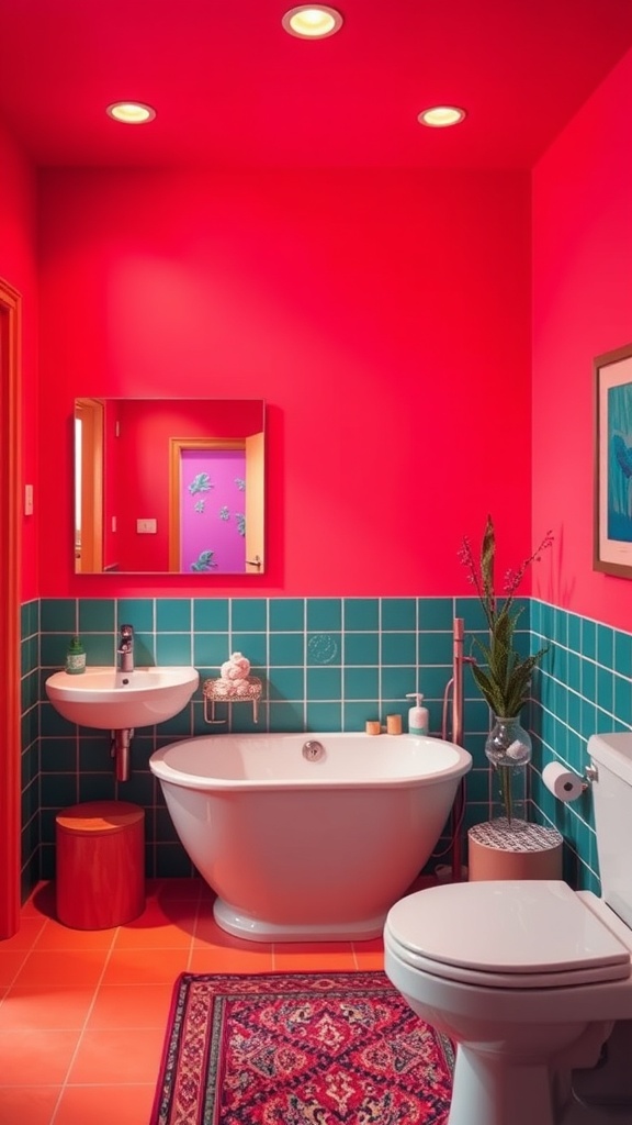 A vibrant bathroom featuring bright pink walls and teal tiles, with a white bathtub and sink.