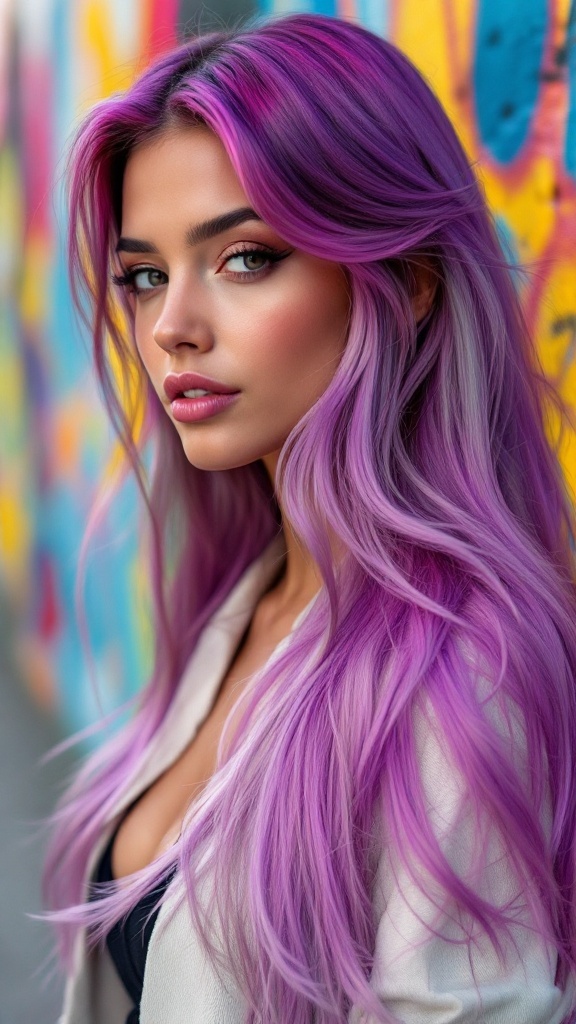 A woman with long, wavy hair styled in a bold purple color with a side part.