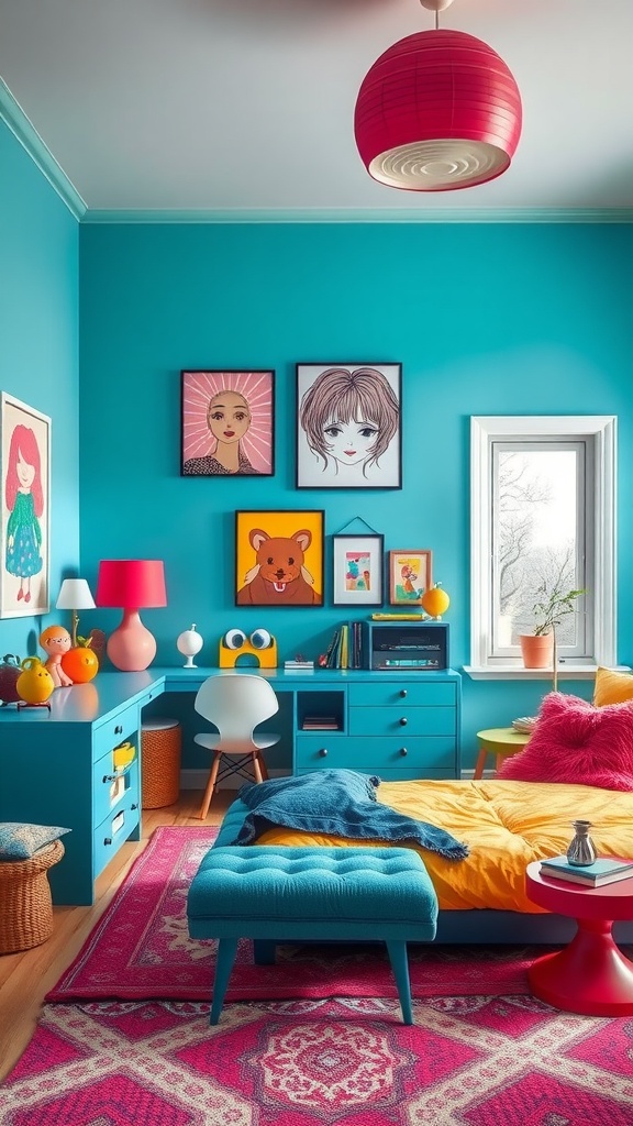 A vibrant teen girl bedroom featuring turquoise walls, yellow bedding, and colorful decor.