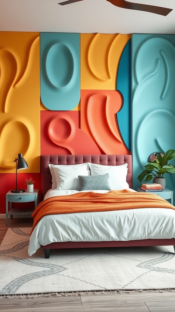 A vibrant bedroom with textured 3D wall panels in orange, blue, and red, featuring a cozy bed and stylish decor.