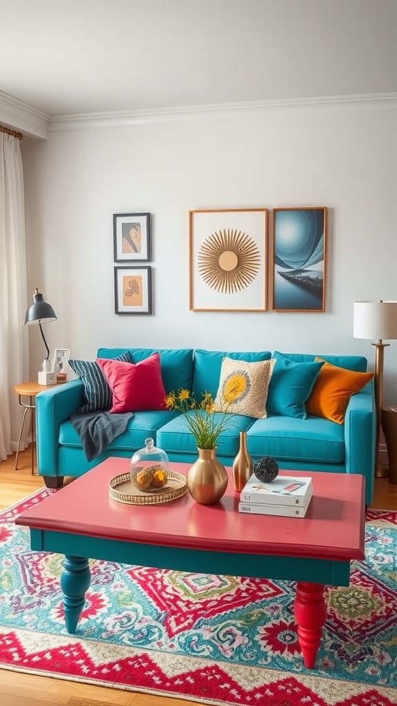 A vibrant living room with a bold red coffee table and teal legs, colorful pillows on a couch, and decorative accessories.