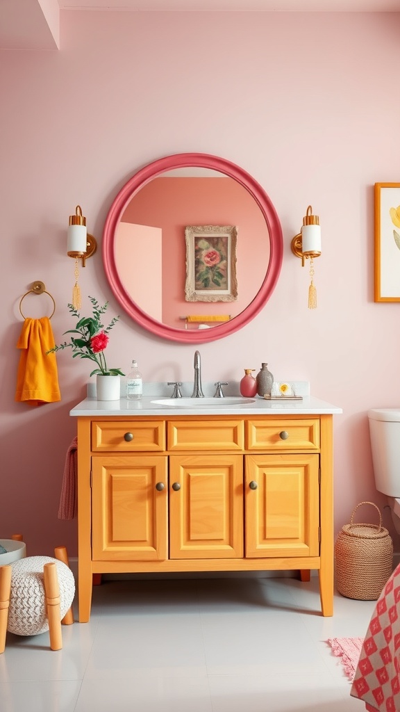 A colorful bathroom vanity with an orange cabinet, pink walls, and a round pink-framed mirror.