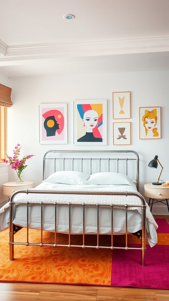 A stylish bedroom featuring a sleek metal bed frame, bright colored rug, and vibrant wall art.