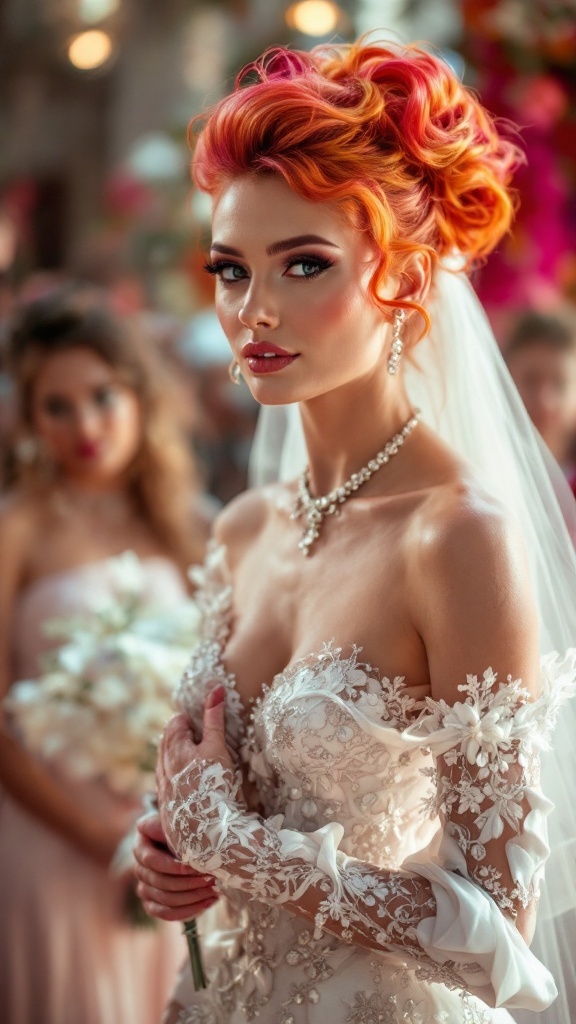 Bride with bold orange and pink curly hairstyle, wearing a decorated gown, looking confidently at the camera
