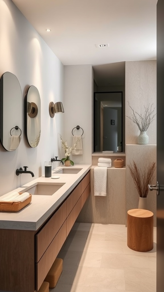 Modern bathroom with a bold concrete countertop, warm wood cabinetry, and stylish mirrors.
