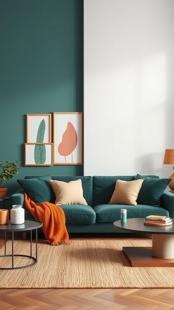 Living room featuring a dark green sofa with beige pillows, an orange throw, and wall art.
