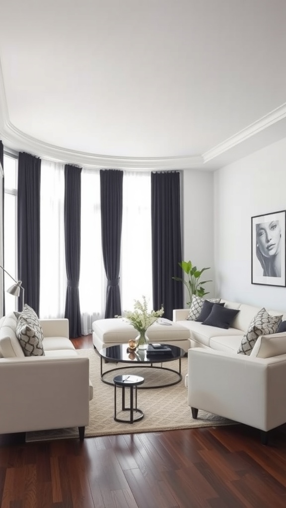 A modern living room featuring black curtains and white furniture, with a cozy atmosphere.