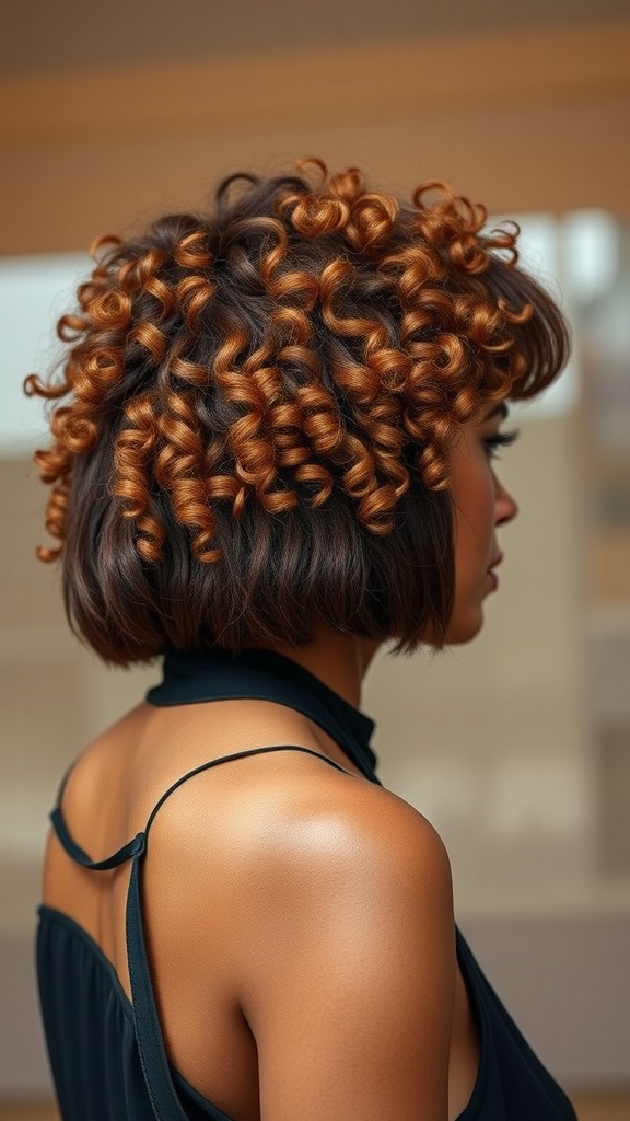 A woman with bold curly bob hairstyle featuring tight curls and bangs, showcasing a warm color tone.