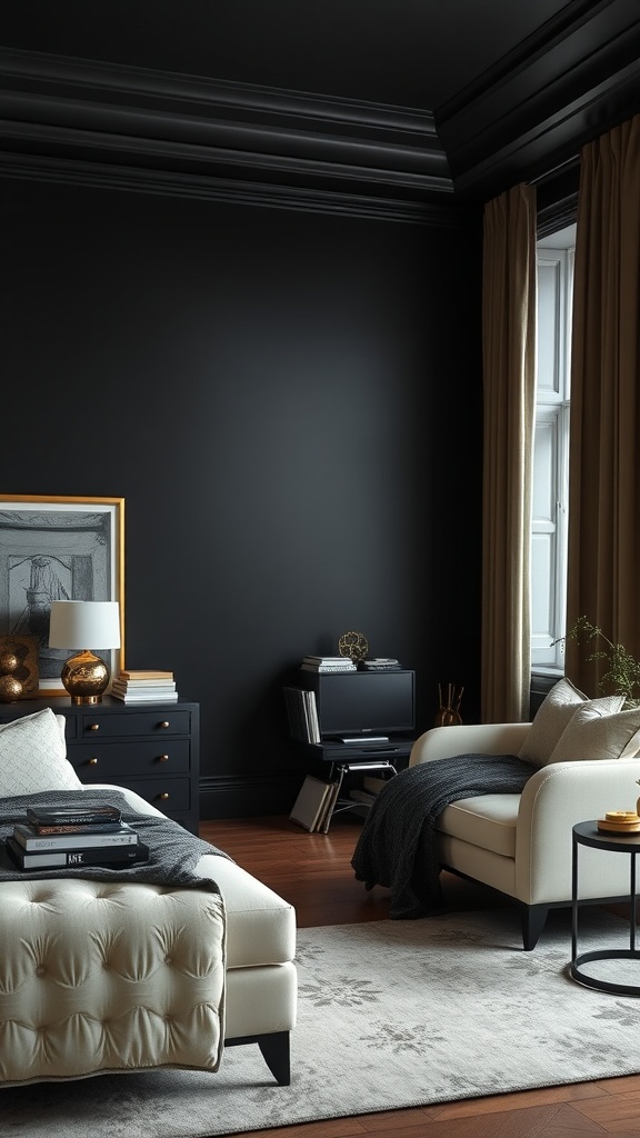 A stylish bedroom corner featuring a bold black accent wall with contrasting light furniture.