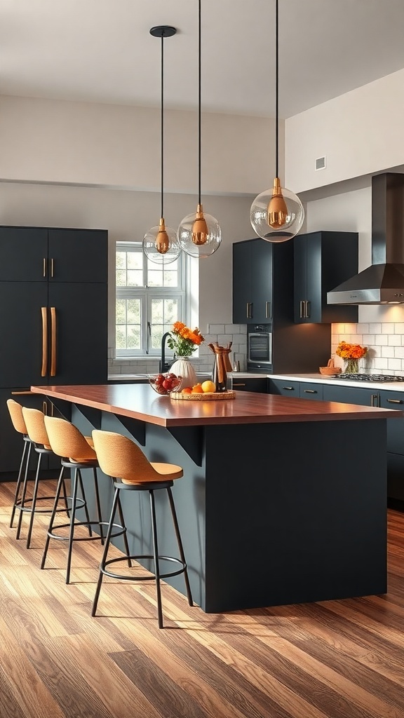 A modern kitchen featuring a bold dark grey island with wooden flooring and stylish pendant lights.