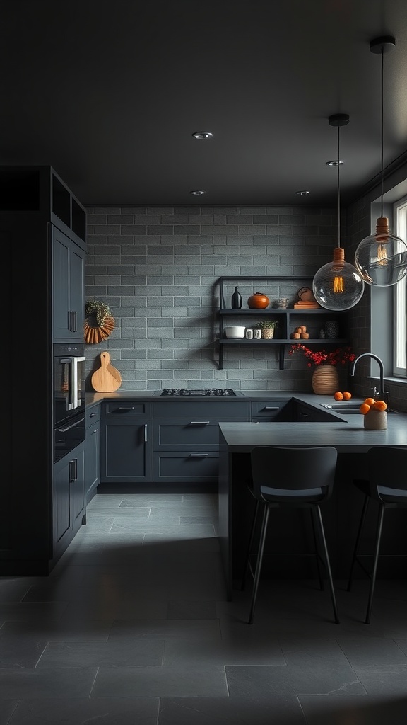 A modern dark grey kitchen featuring sleek cabinetry, open shelving, and stylish lighting.