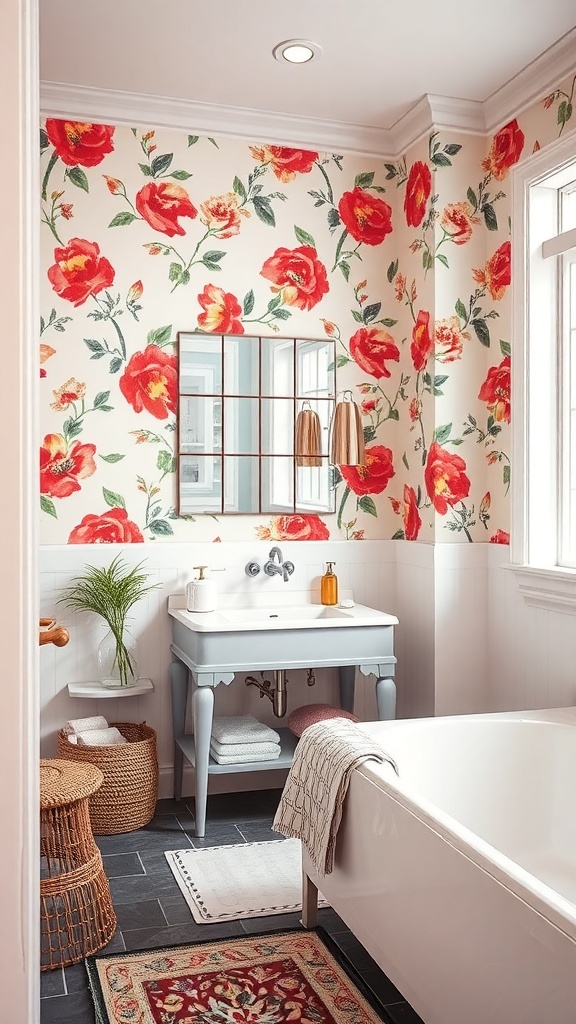 A bright bathroom featuring bold red floral wallpaper, a gray sink, and natural decor elements.
