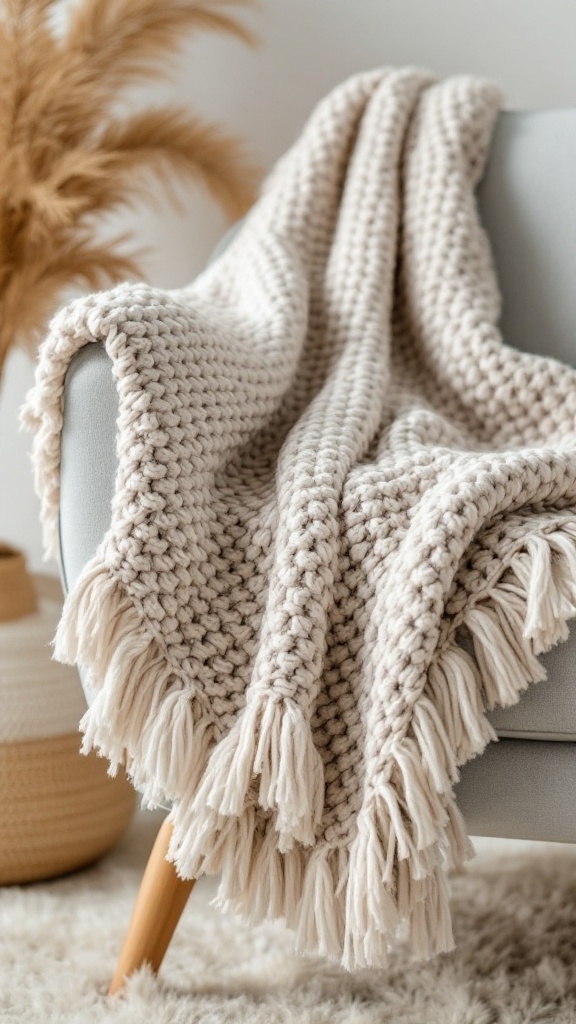 Crochet blanket with bold fringe trim draped over a chair.