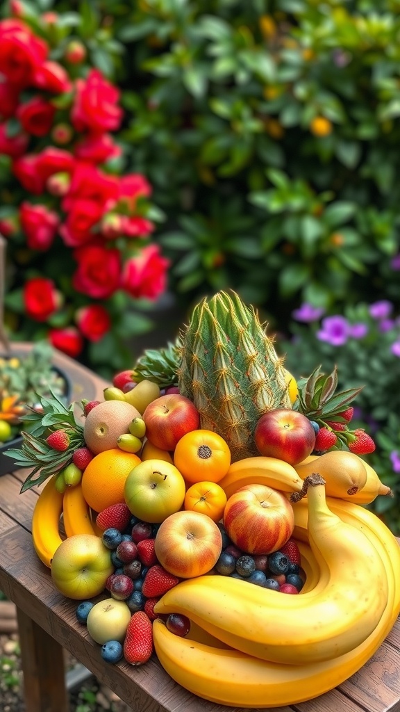 A vibrant fruit centerpiece featuring various fruits including bananas, apples, oranges, and berries, set against a backdrop of flowers.