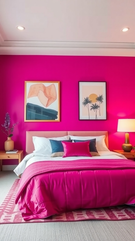 A bedroom featuring a bold fuchsia statement wall with stylish bedding and artwork.