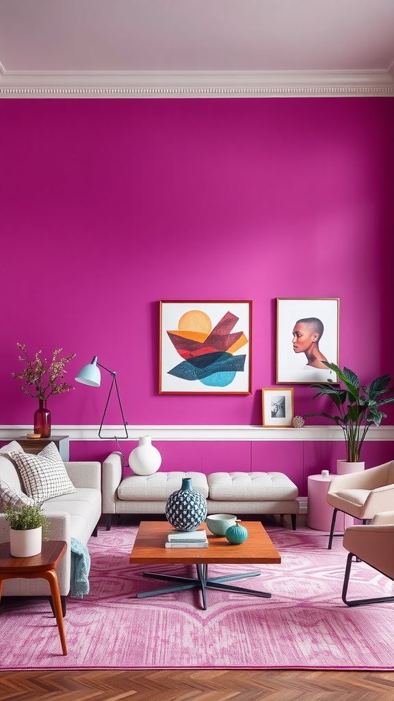 A living room with bold fuchsia walls, cream sofas, and colorful artwork.