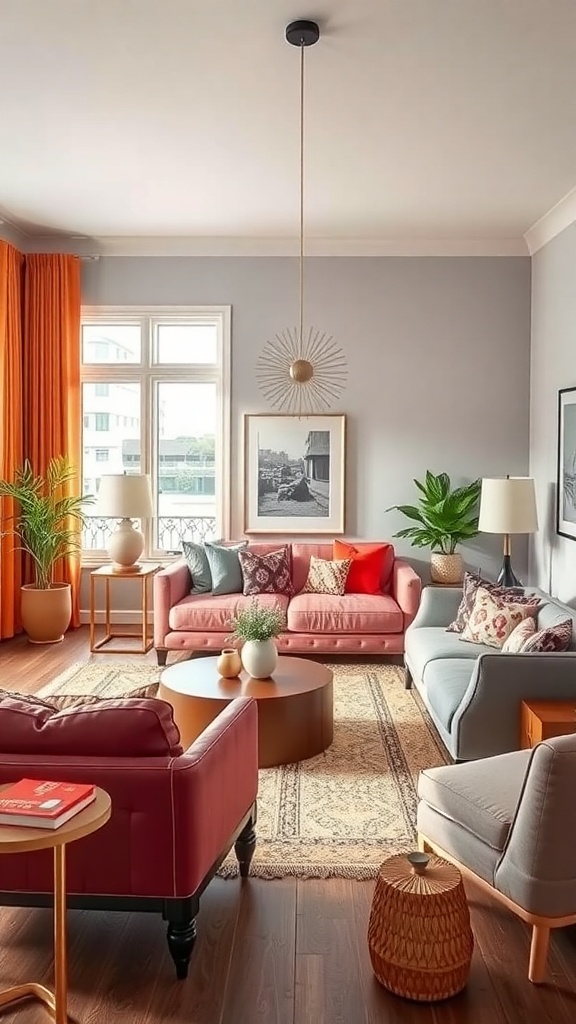 A stylish living room featuring bold furniture pieces, including pink and red sofas, a round coffee table, and vibrant curtains.