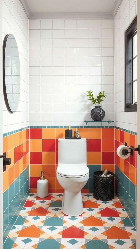 Small bathroom with bold geometric floor tiles in vibrant colors.