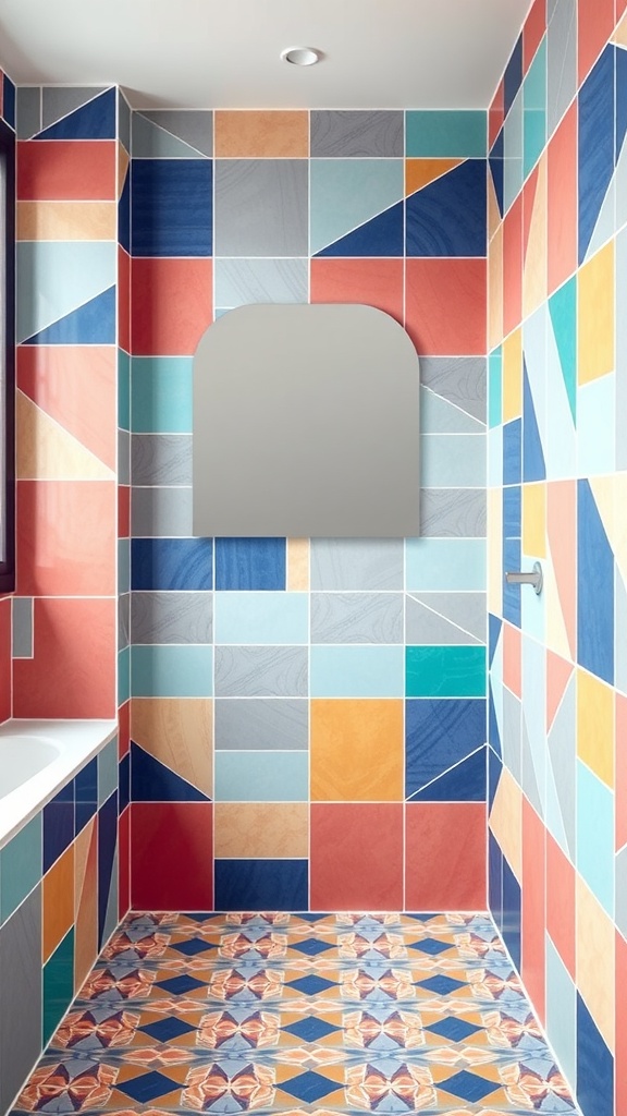 A bathroom featuring bold geometric pattern tiles in vibrant colors.
