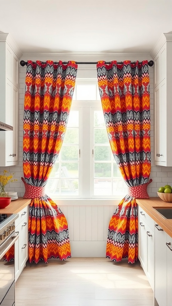 Vibrant geometric patterned kitchen curtains in red, orange, and black.