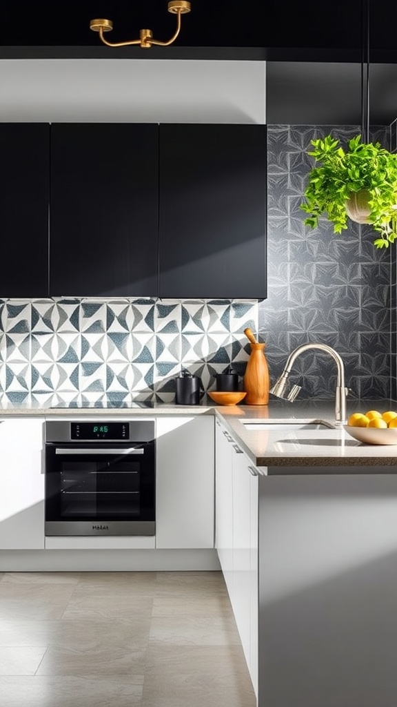 A modern kitchen featuring a bold geometric patterned backsplash in blue and white, complemented by sleek black cabinets and light countertops.
