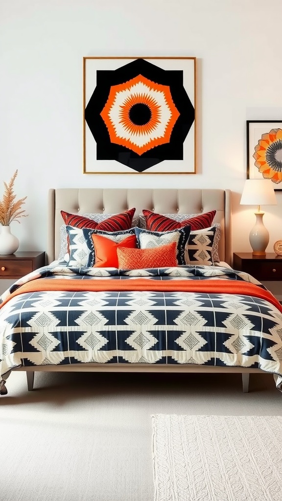 A stylish bedroom featuring a bed with bold geometric patterned bedding and artwork.