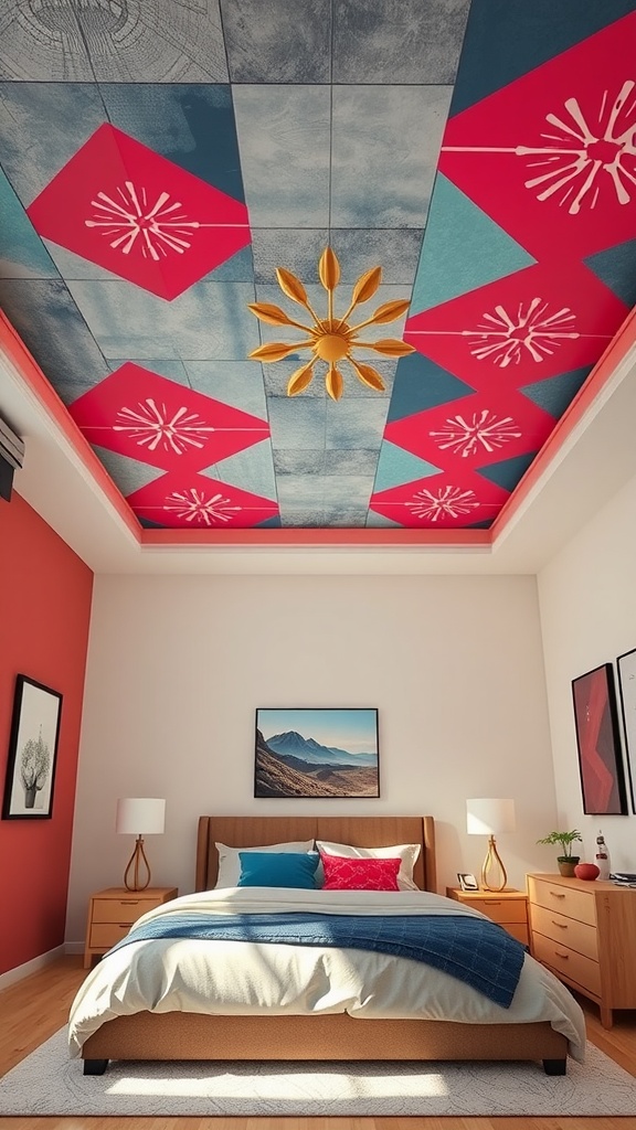 A bedroom with a colorful geometric patterned ceiling featuring pink and blue designs, complemented by a modern light fixture.