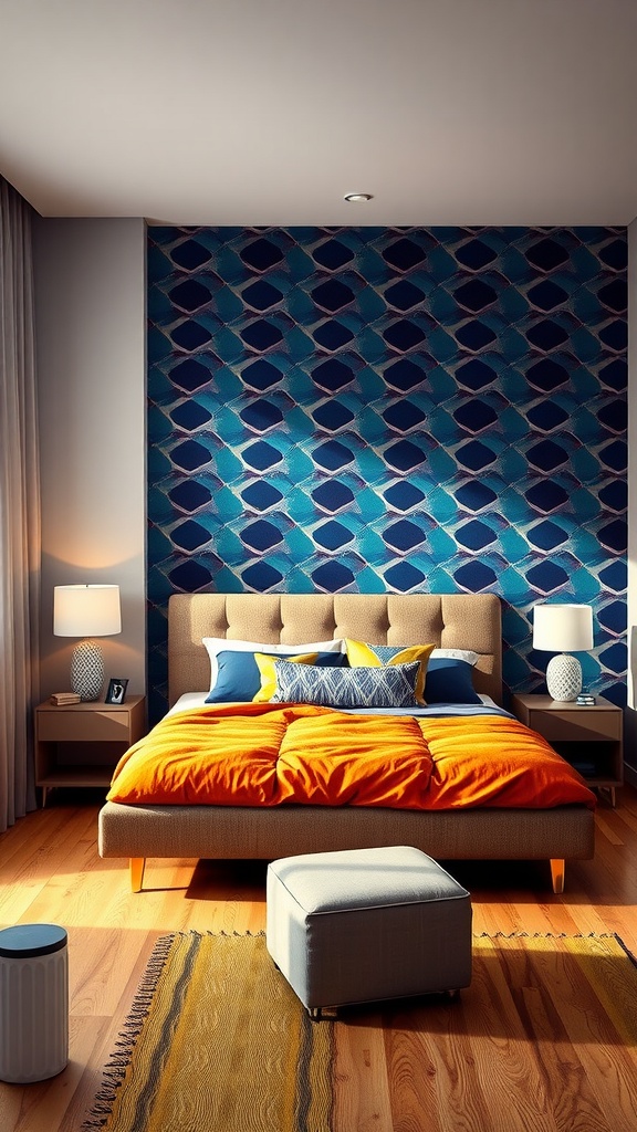 A modern bedroom with a bold geometric accent wall in shades of blue, featuring an orange comforter and various decorative cushions.