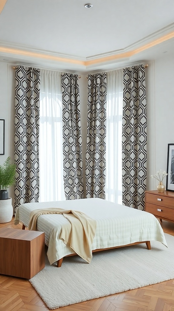 A stylish bedroom featuring bold geometric patterned curtains, a cozy bed, and a modern decor.