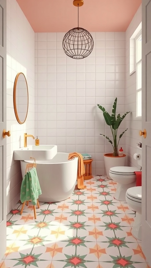 A bathroom with bold geometric tile flooring featuring star patterns in vibrant colors, complemented by pink walls and modern fixtures.