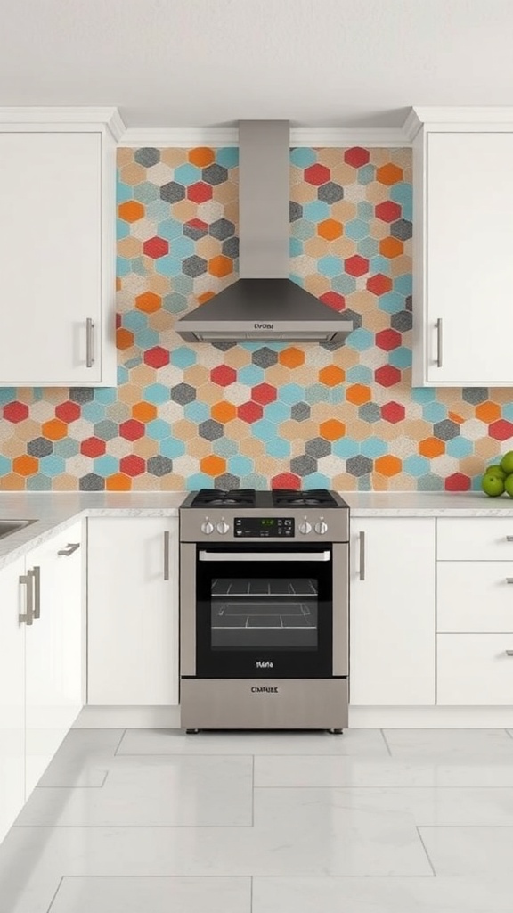 Colorful hexagonal geometric backsplash in a modern kitchen