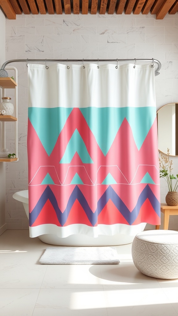 A vibrant shower curtain with bold geometric patterns in pink, teal, and navy colors, hanging in a modern bathroom.