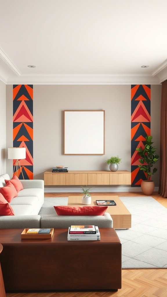Living room with bold geometric accent wall featuring red and navy triangles