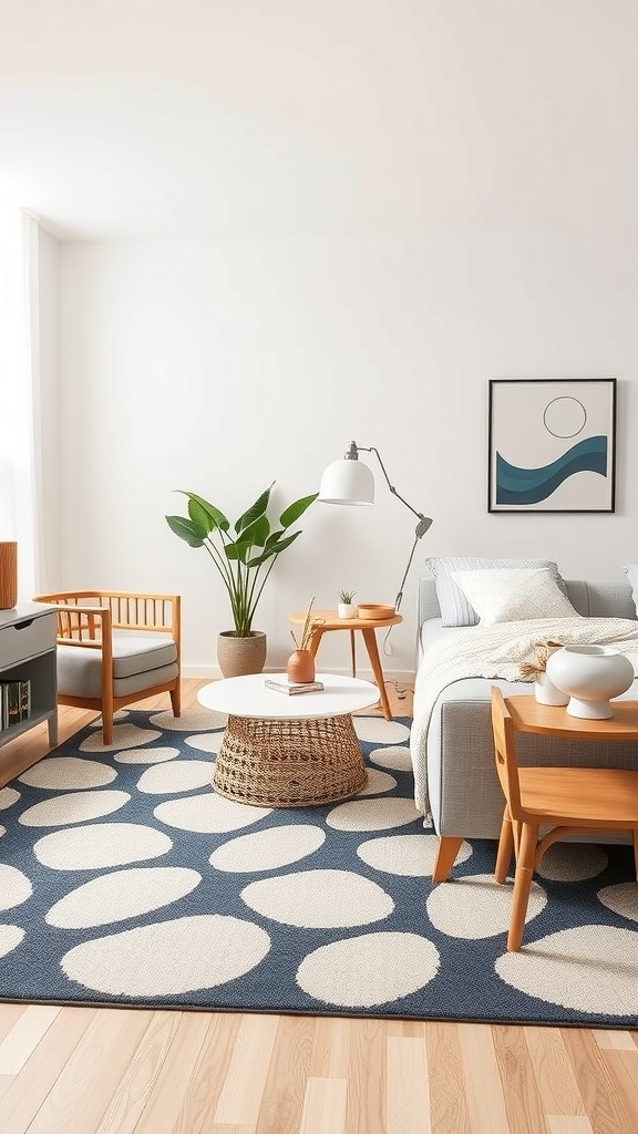 A living room featuring a bold geometric rug with large circular patterns in navy and cream, complemented by light gray furniture and wooden accents.