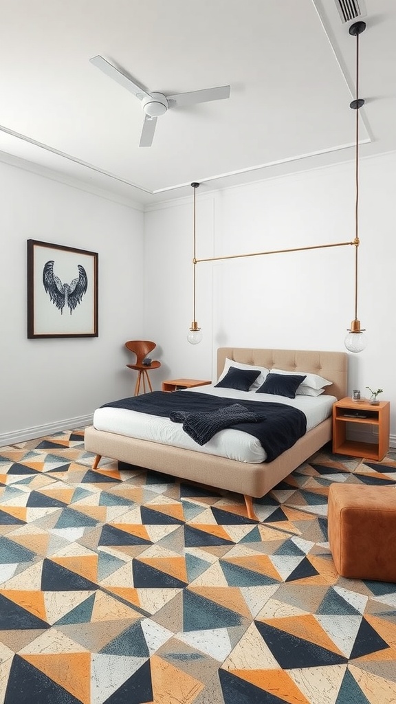 A modern bedroom featuring bold geometric patterned tiles in orange, navy blue, and white.
