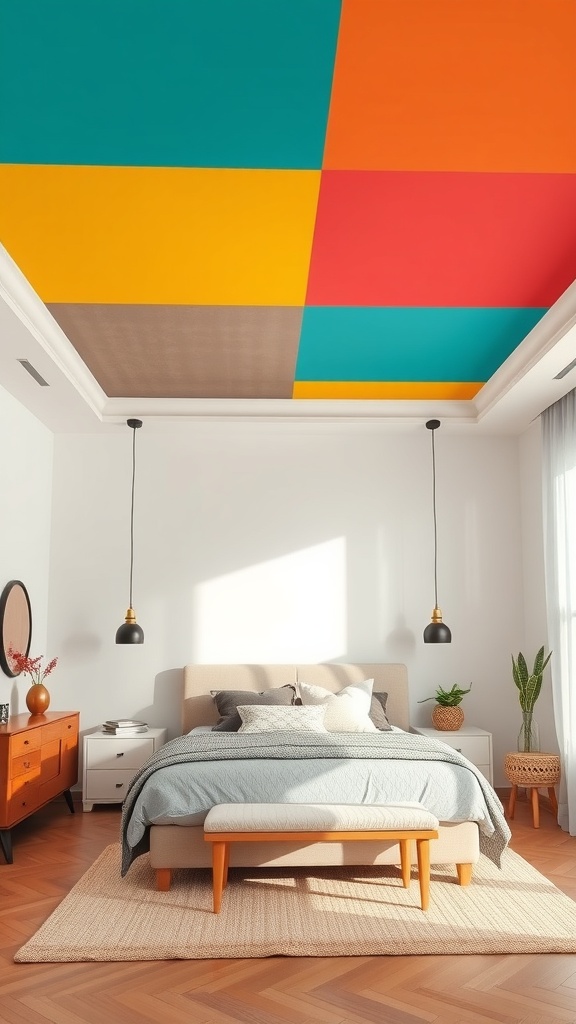 A bedroom with a painted ceiling featuring bold geometric patterns in vibrant colors.