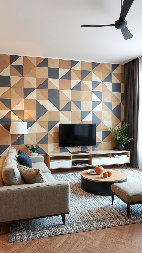 Living room with a bold geometric patterned accent wall in warm tones.
