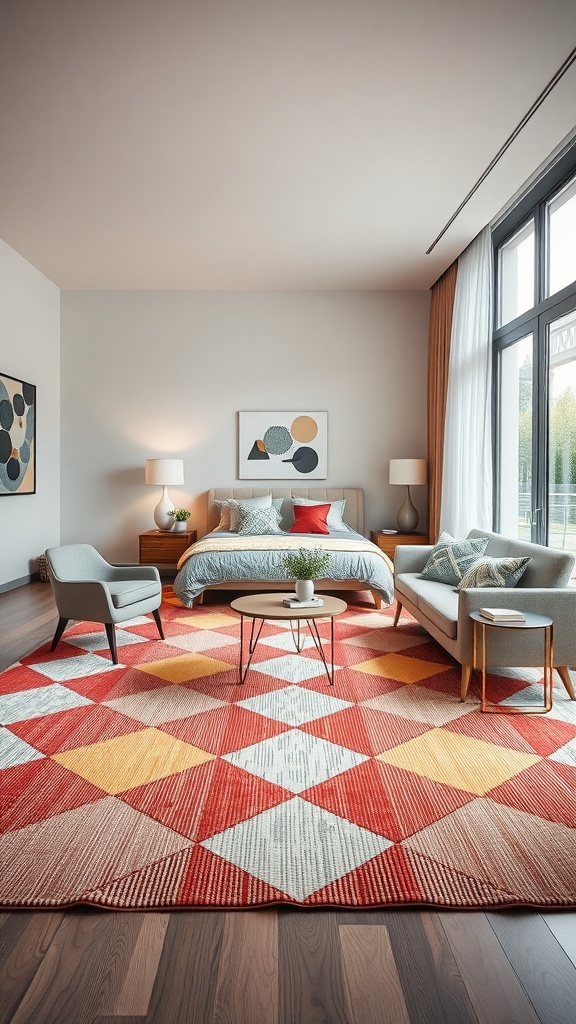 A modern bedroom featuring a bold geometric patterned rug in red and yellow tones.