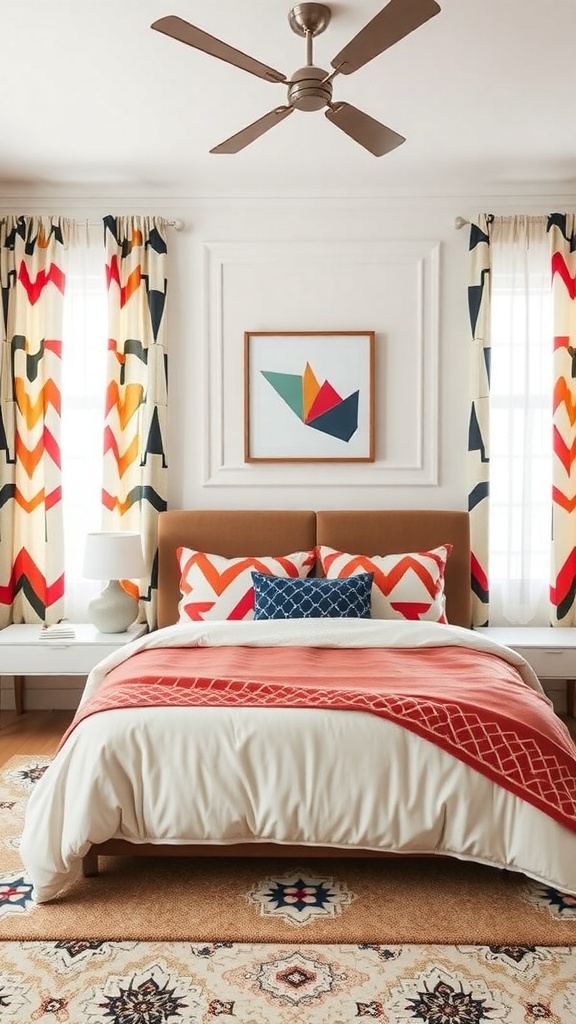 Mid-century modern bedroom featuring bold geometric patterns in textiles, including curtains and bedding.