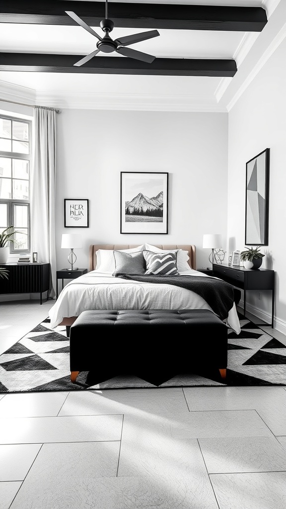 A stylish black and white living room featuring a bold geometric patterned rug.