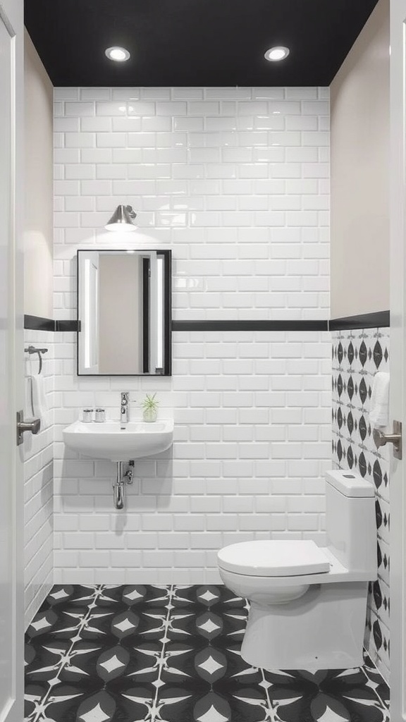 Modern bathroom with bold graphic patterns featuring black and white tiles and a sleek design.
