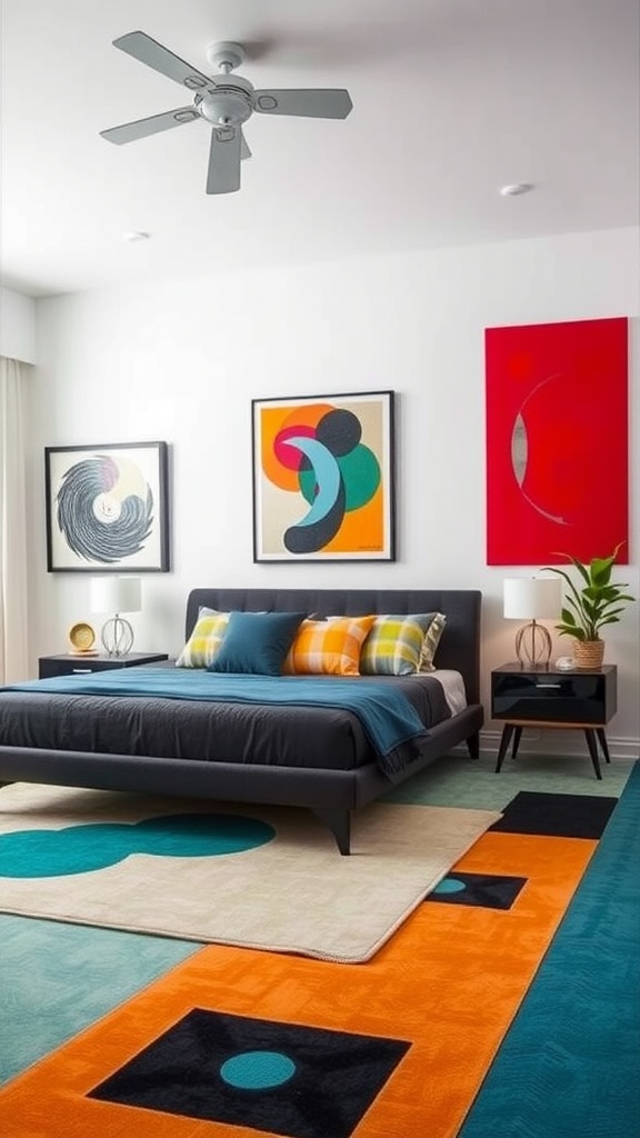 A stylish bedroom featuring bold graphic prints on wall art and a colorful patterned rug.